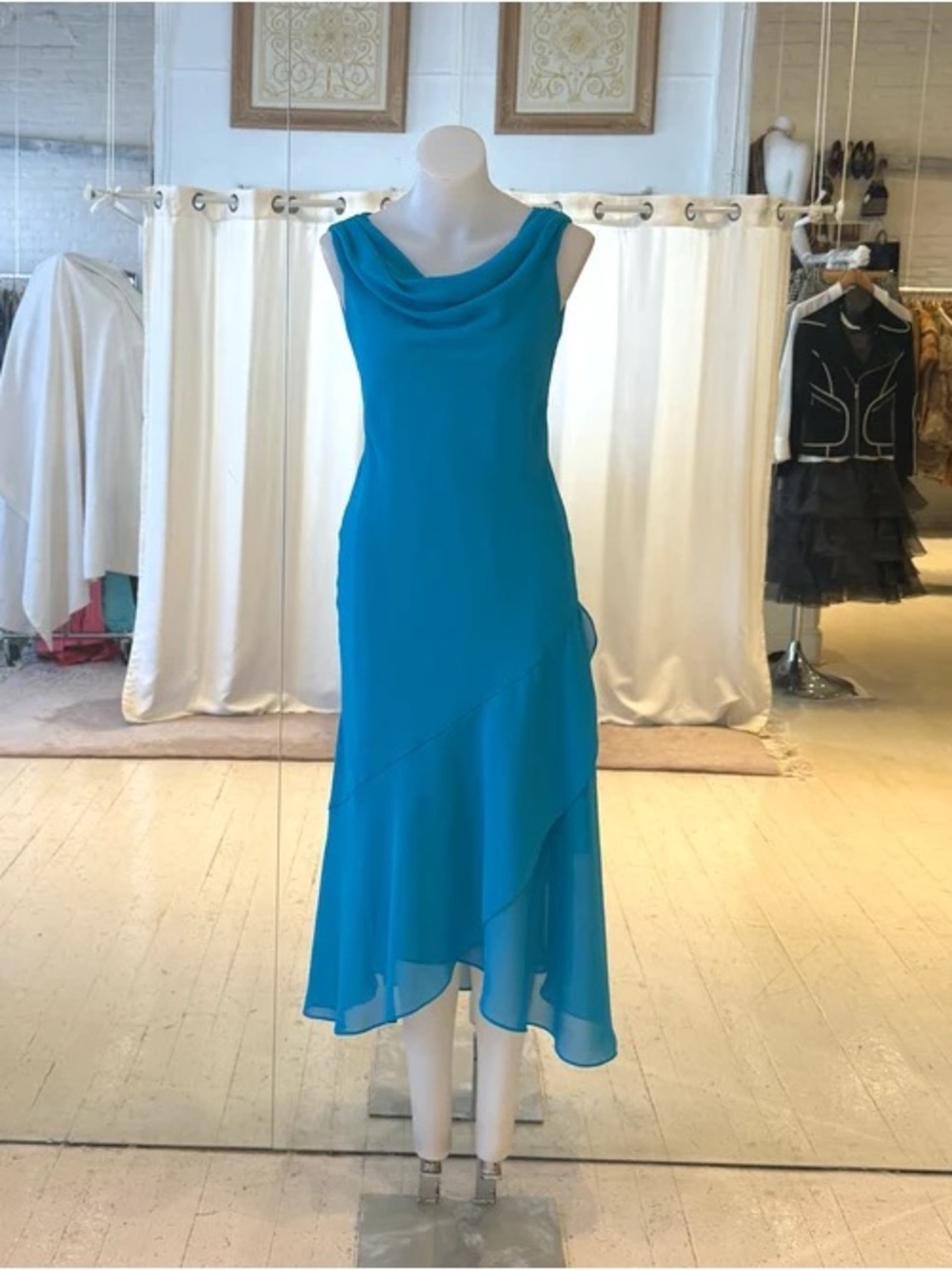 Teal Cowl Neck High-Low Sleeveless Dress